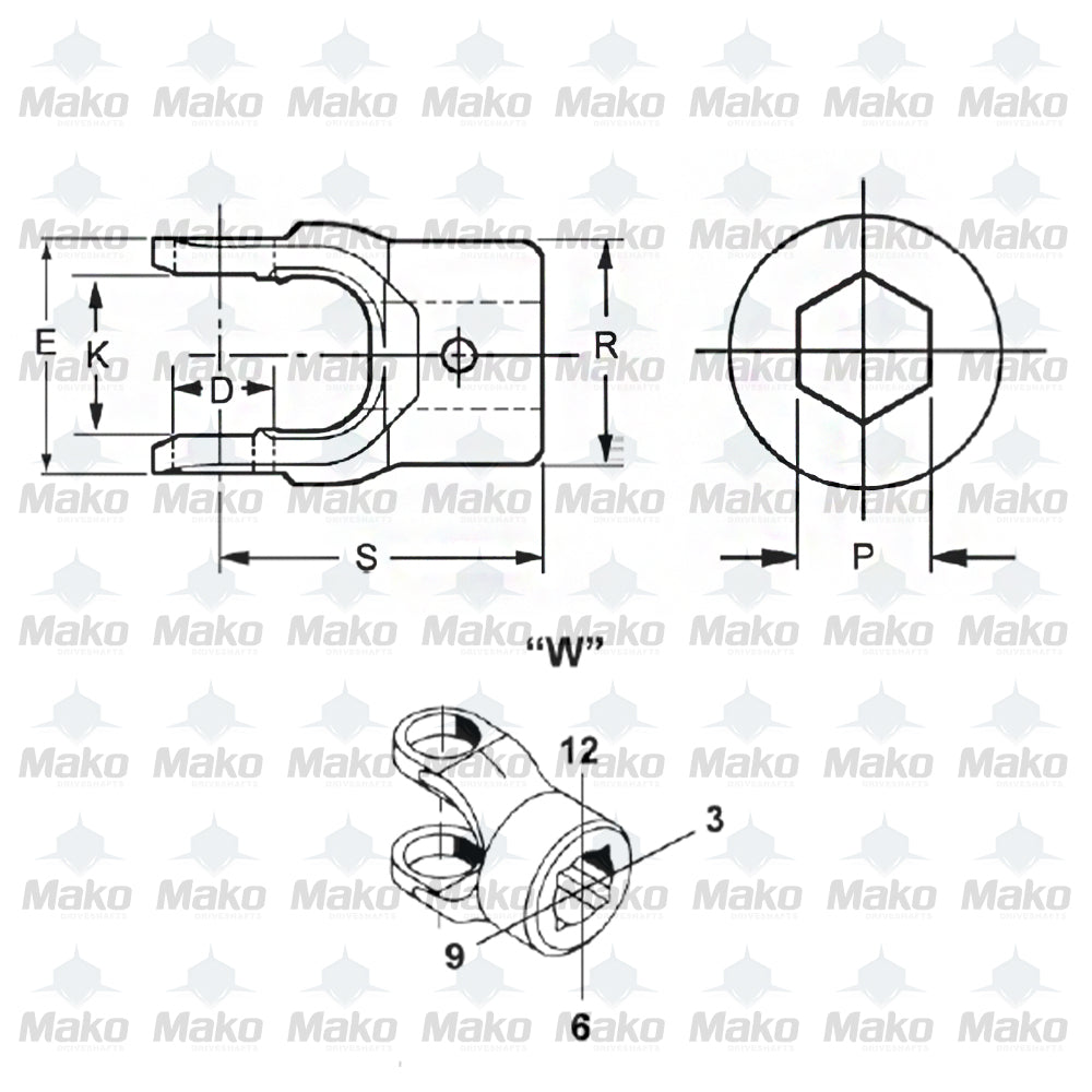 10-4-282 Driveshaft End Yoke Hex Bore 1000 series 0.875 Bore Ø2.000 hub diameter