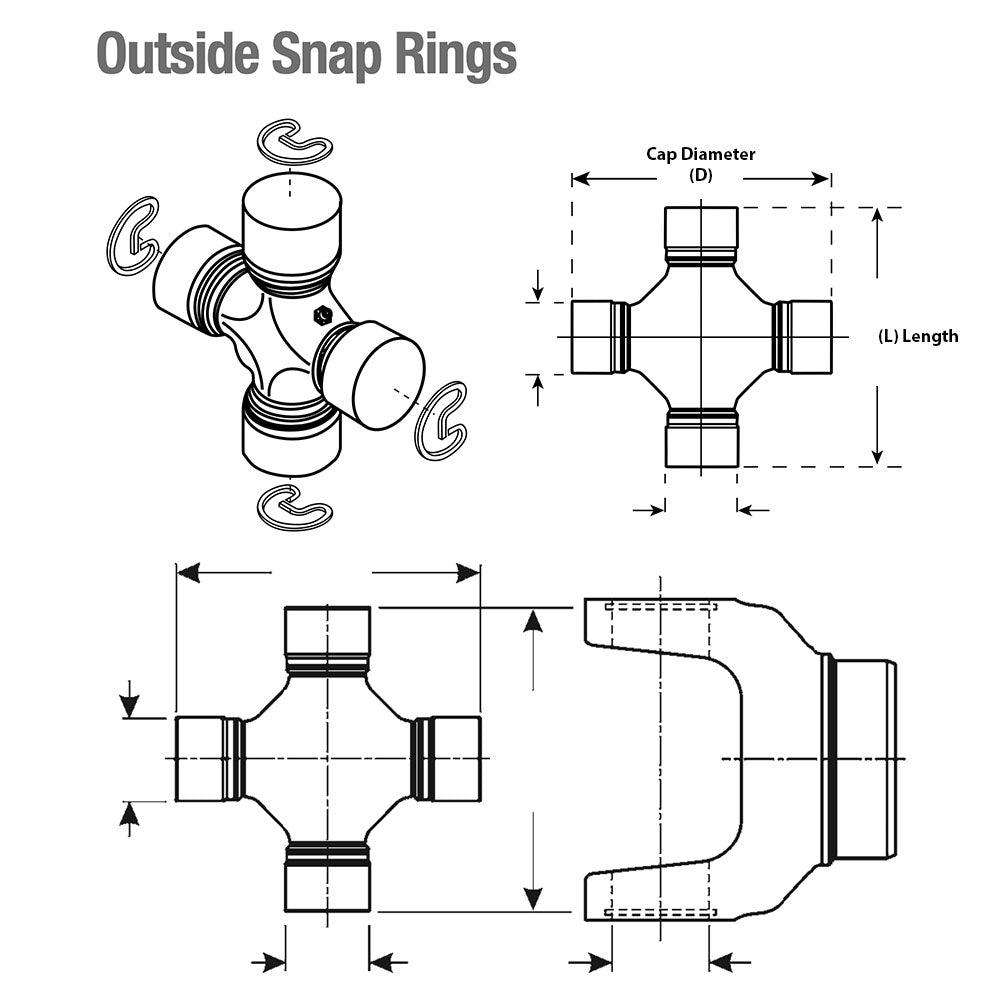 16mm x 38.5mm Driveshaft U-Joint 0.63" x 1.5" Type 1 U-Joint Outside Snap Rings