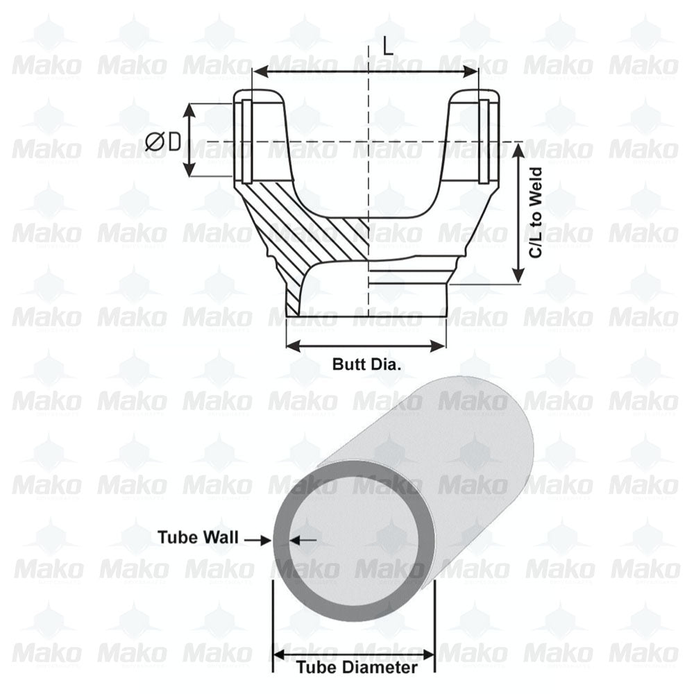 2-28-367 Driveshaft Tube Weld Yoke 1310 Tube 2.500" X .083" Mako